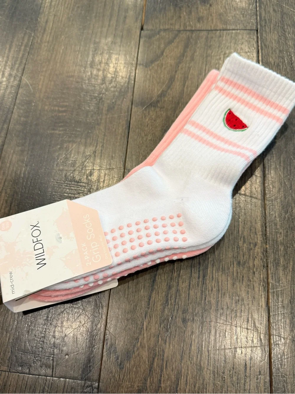 Wildfox White Crew Grip Socks with Pink Trim and Watermelon Patch
